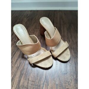 ABLE Slim Block Chunky Heels Slip On Two Strap Open Toe Light Beige Size 8.5